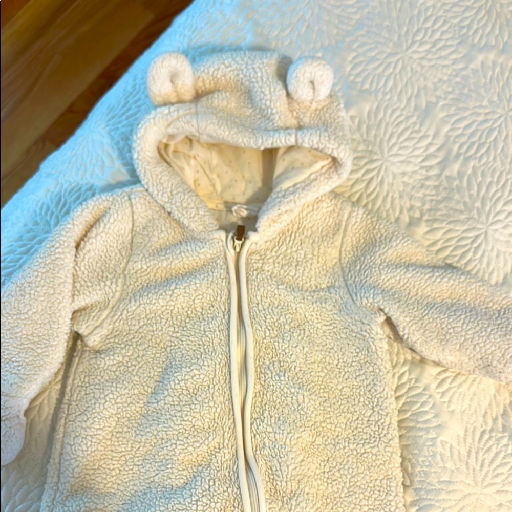 H&M Cream Fleece Baby Bunting with Bear Ears 6-9m